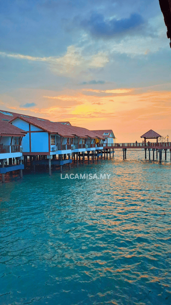 Sunset views from the water chalet balcony in Lexis Port Dickson