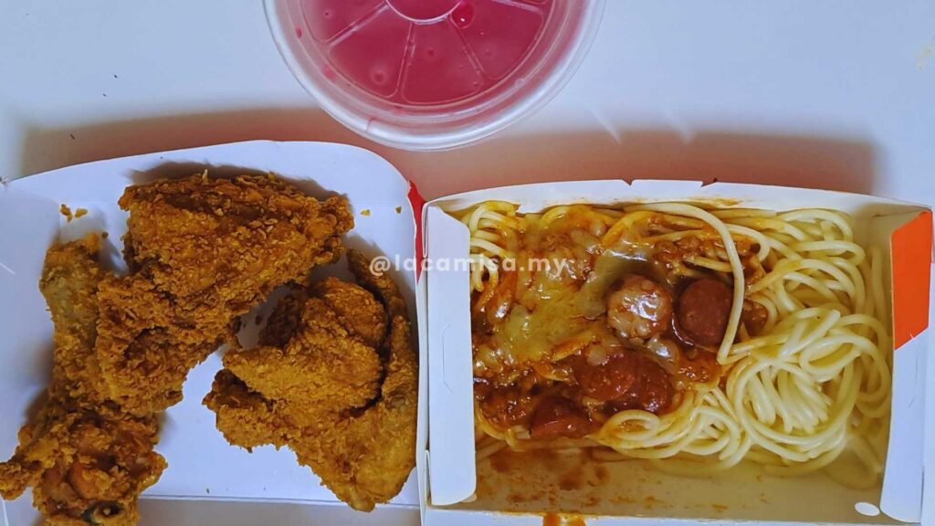 Jollibee's Chickenjoy and Spicy Spaghetti