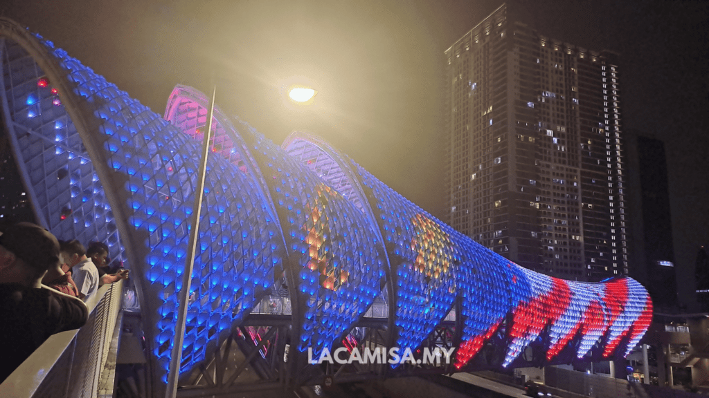 The Malaysian flag design being displayed on the Saloma Link Bridge 