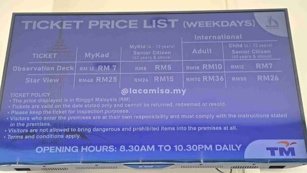 Menara Alor Setar ticket price on weekdays.