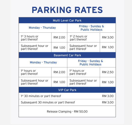 Parking rates at Aman Central Shopping Mall. (Source: Aman Central official website)