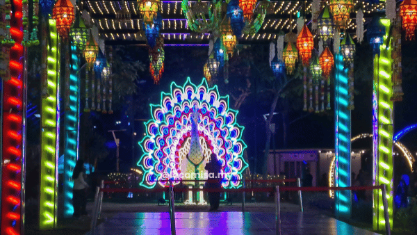 Illuminated peacock lantern at Little India Garden