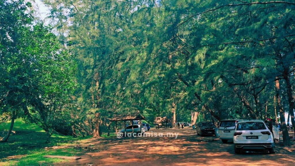 Old gazebos under shady trees can be seen from afar, with cars parked nearby.